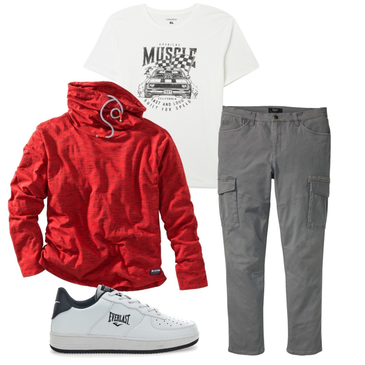 Outfit uomo - Rosso vivo. Stile Urban per Tutti i giorni. Abbinamento con maglieria, pantaloni cargo, t-shirt, sneakers.