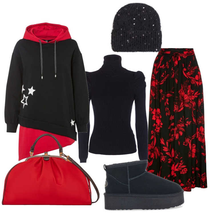 Outfit donna - In città. Stile Sporty chic per Tutti i giorni. Abbinamento con gonne lunghe, felpe con cappuccio, berretti, maglieria, stivaletti, borse a spalla.