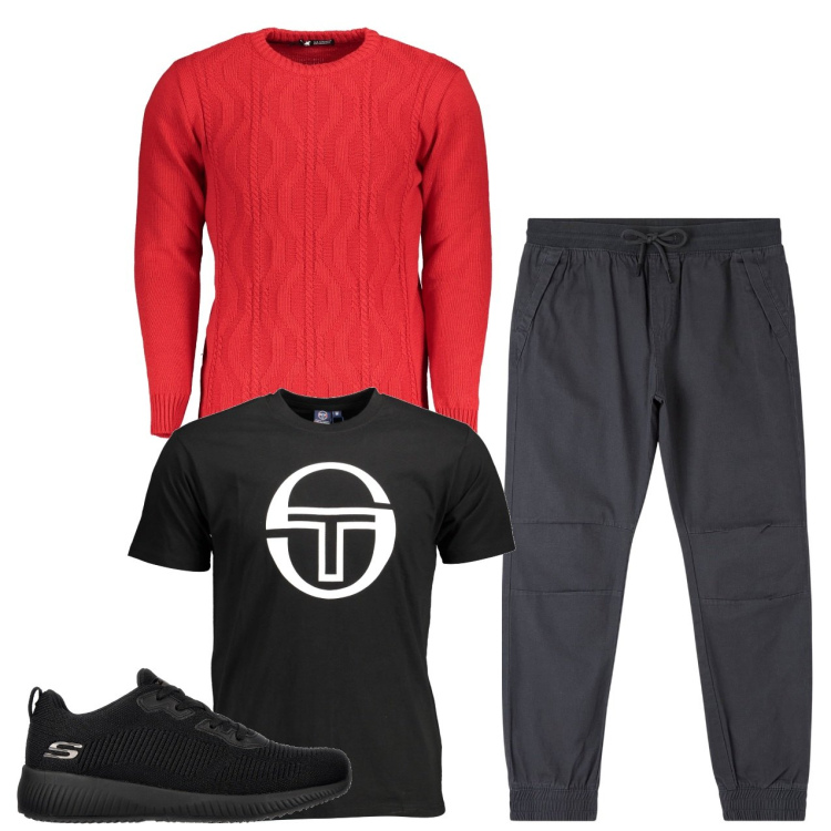 Outfit uomo - In città. Stile Urban per Tutti i giorni. Abbinamento con pantaloni, sneakers, maglieria, t-shirt.