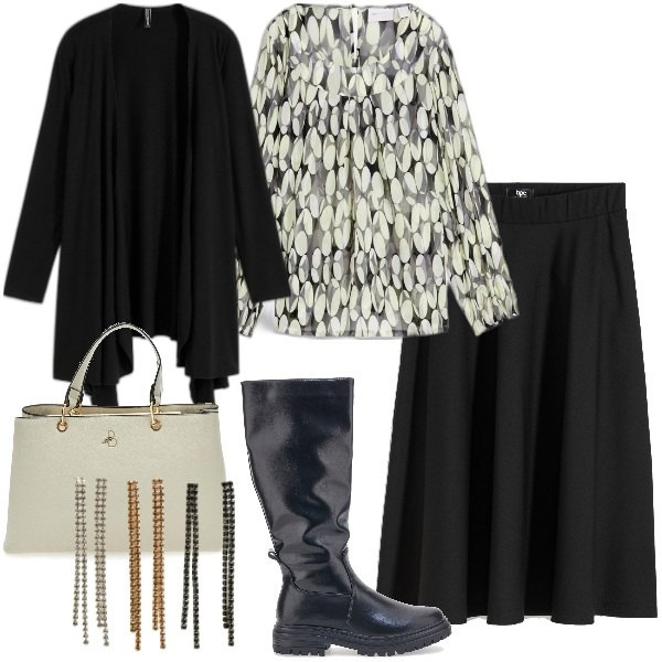 Outfit donna - Curvy. Stile Casual chic per Ufficio. Abbinamento con gonne longuette, bluse, cardigans, orecchini, stivali, borse a mano.