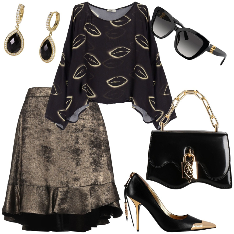 Outfit donna - Una serata fuori. Stile Chic per Serata fuori. Abbinamento con minigonne, décolleté, borse a mano, orecchini, camicie, occhiali da sole.