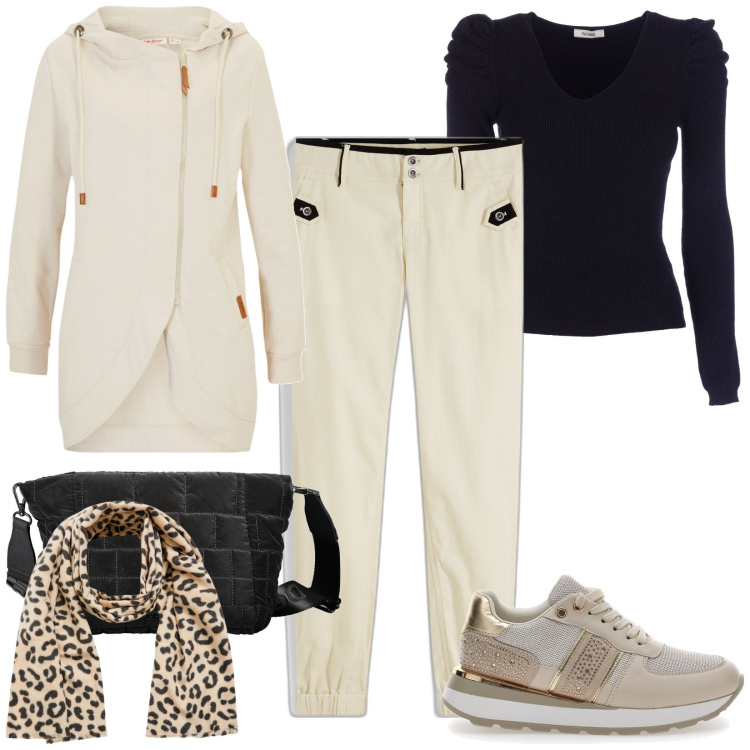 Outfit donna - Pantaloni con dettagli alla moda. Stile Casual per Tutti i giorni. Abbinamento con blazer, pantaloni, sciarpe, maglieria, sneakers, pochette.