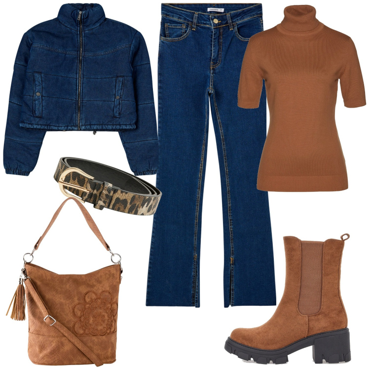 Outfit donna - Autunno casual. Stile Casual per Tutti i giorni. Abbinamento con maglieria, borse a mano, jeans dritti, blazer, cinture, stivaletti chelsea.