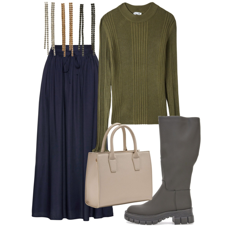 Outfit donna - Tre paia. Stile Bon Ton per Tutti i giorni. Abbinamento con gonne lunghe, orecchini, shopping bag, maglieria, stivali.