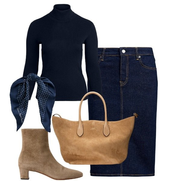 Outfit donna - Blue e beige plus size. Stile Trendy per Ufficio. Abbinamento con gonne, foulard, borse tote, stivaletti, maglieria.