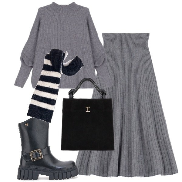 Outfit donna - PLus size in maglia. Stile Urban per Tutti i giorni. Abbinamento con sciarpe, gonne longuette, shopping bag, maglieria, stivaletti.