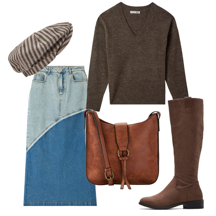 Outfit donna - Casual ottobre. Stile Casual per Tutti i giorni. Abbinamento con stivali, borse a tracolla, gonne lunghe, maglieria, cappelli.