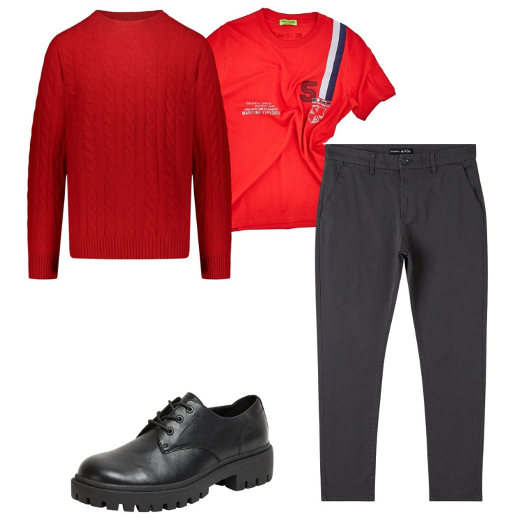 Outfit uomo - Red. Stile Casual per Tutti i giorni. Abbinamento con pantaloni chino, scarpe stringate, t-shirt, maglieria.