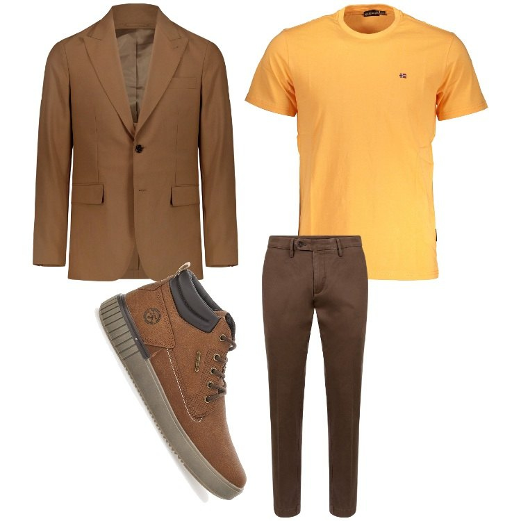 Outfit uomo - Non troppo sul serio. Stile Business/Elegante per Ufficio. Abbinamento con pantaloni chino, abiti, scarpe stringate, t-shirt.