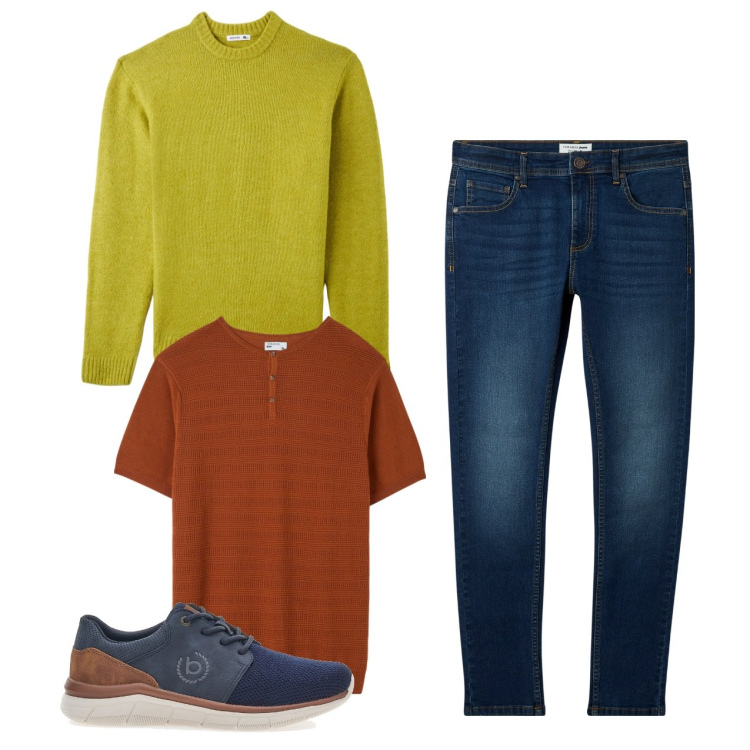 Outfit uomo - Melaverde. Stile Casual per Tutti i giorni. Abbinamento con maglieria, t-shirt, jeans skinny, scarpe stringate.