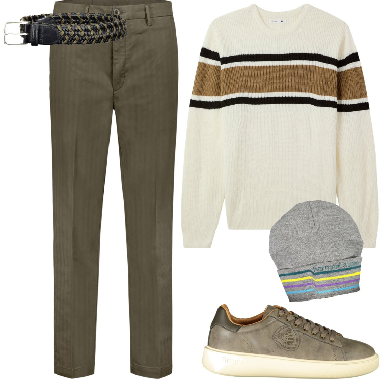 Outfit uomo - Golden boy. Stile Urban per Ufficio. Abbinamento con maglieria, pantaloni, berretti, sneakers, cinture.