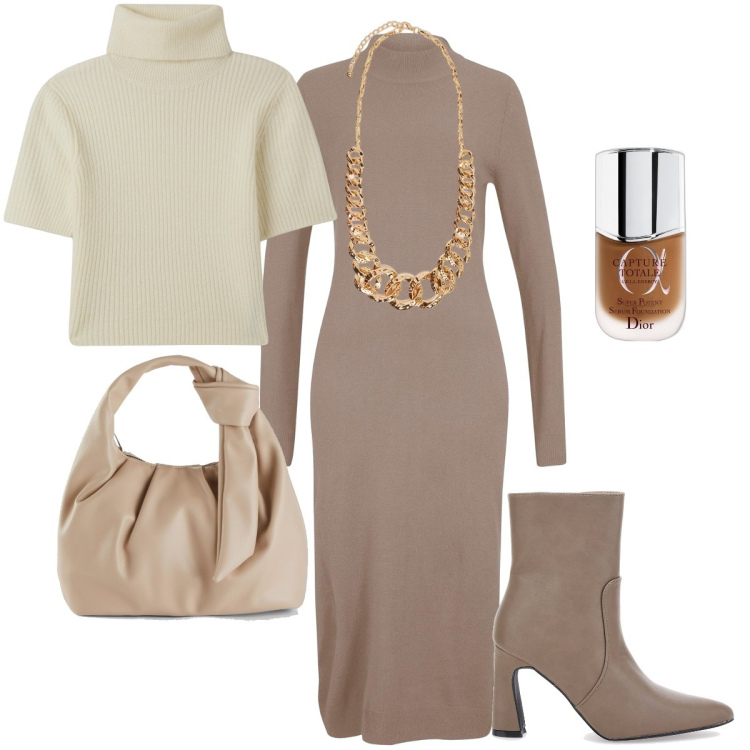 Outfit donna - L’abito color caffè. Stile Bon Ton per Serata fuori. Abbinamento con borse a mano, vestiti, fondotinta, maglieria, stivaletti, collane.