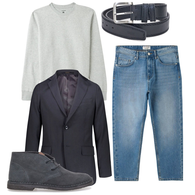 Outfit uomo - Tonalità del grigio. Stile Casual per Tutti i giorni. Abbinamento con jeans, felpe, scarpe stringate, giacche, cinture.