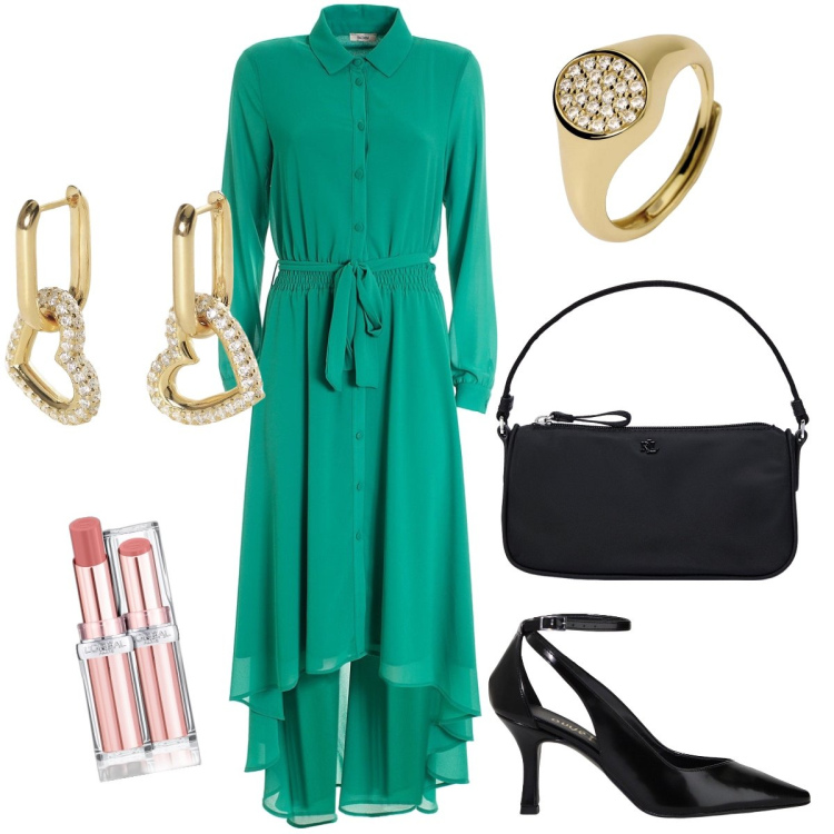 Outfit donna - L’abito con voulant. Stile Chic per Cerimonia. Abbinamento con rossetti, orecchini, anelli, vestiti chemisier, pochette, décolleté.
