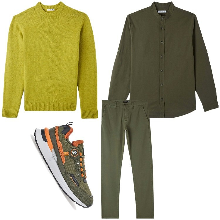 Outfit uomo - Sfumature di verde. Stile Casual per Tutti i giorni. Abbinamento con camicie, maglieria, pantaloni chino, sneakers.