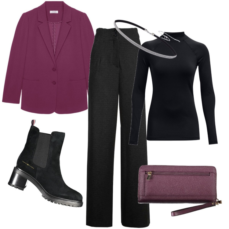 Outfit donna - Il pantalone a vita alta. Stile Bon Ton per Serata fuori. Abbinamento con pullovers, jeans a zampa, blazer, portafogli, stivaletti, cinture.
