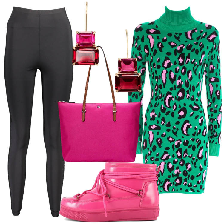 Outfit donna - Total look #1980923. Stile Casual chic per Tutti i giorni. Abbinamento con vestiti, borse tote, orecchini, stivali da neve, leggings.