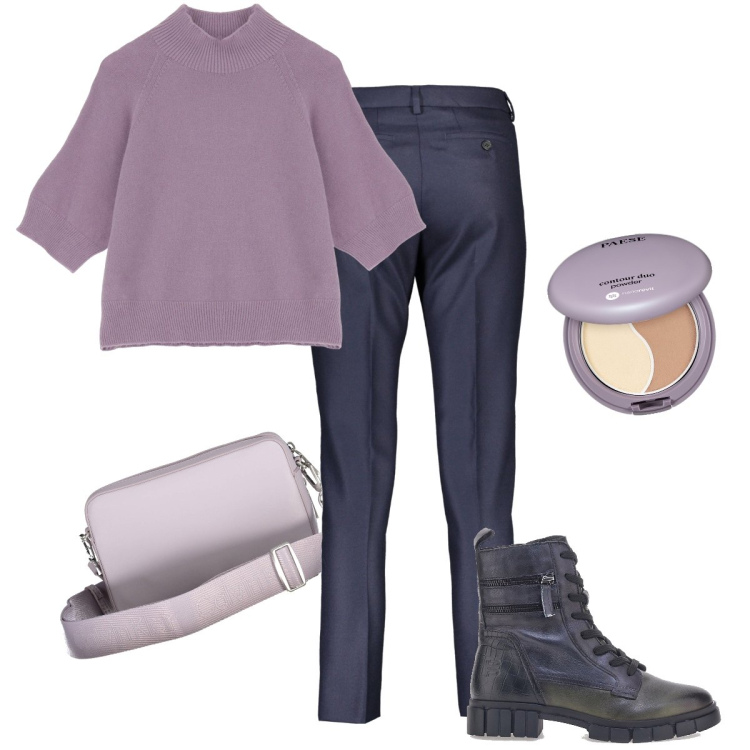 Outfit donna - Gli anfibi stringati. Stile Casual chic per Ufficio. Abbinamento con terre, maglieria, anfibi, pantaloni, borse a tracolla.