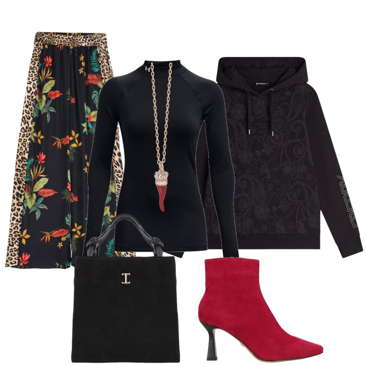 Outfit donna - Lo stivaletto rosso. Stile Sexy per Tutti i giorni. Abbinamento con stivaletti, collane, shopping bag, pantaloni a palazzo, felpe con cappuccio, pullovers.