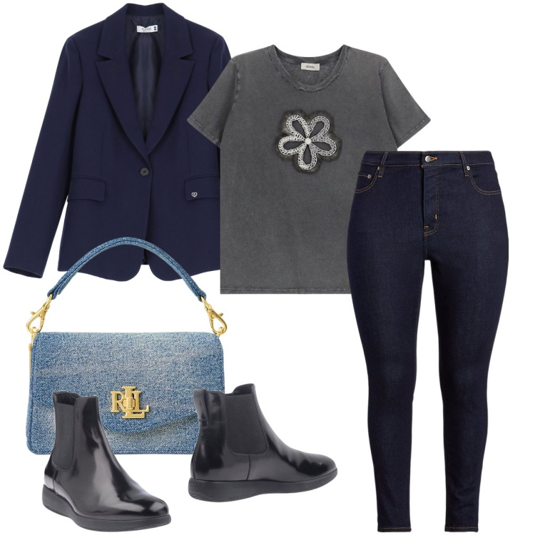 Outfit donna - Gli stivaletti lucidi. Stile Casual chic per Ufficio. Abbinamento con stivaletti chelsea, t-shirt, blazer, jeans skinny, borse a tracolla.