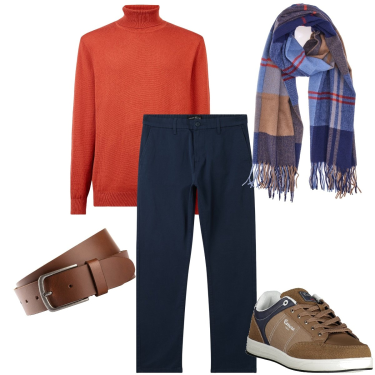 Outfit uomo - La dolcevita arancio. Stile Urban per Ufficio. Abbinamento con cinture, pantaloni chino, maglieria, sciarpe, sneakers.