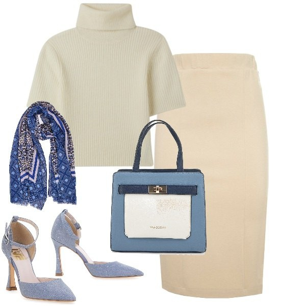 Outfit donna - Gonna tubino chiaro. Stile Chic per Ufficio. Abbinamento con maglieria, gonne, décolleté, foulard, borse a mano.