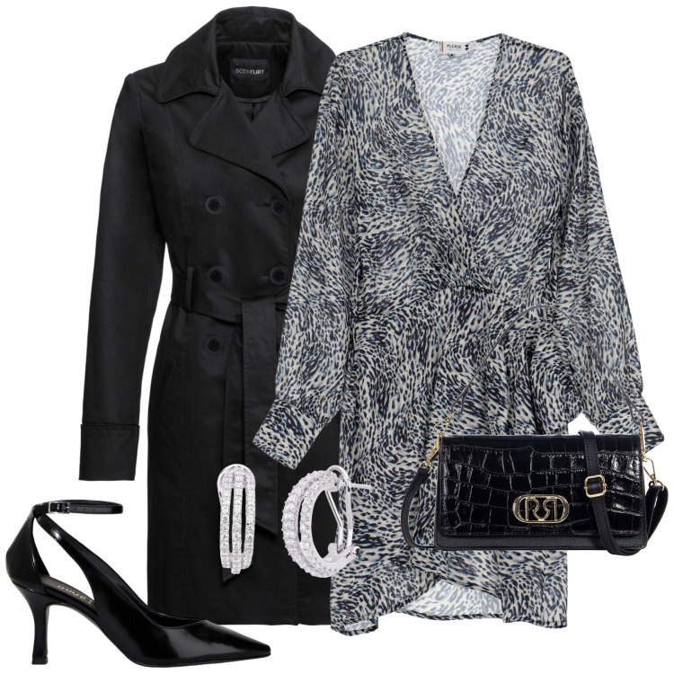 Outfit donna - Serata. Stile Chic per Serata fuori. Abbinamento con trench, orecchini, borse a tracolla, vestiti corti, décolleté.