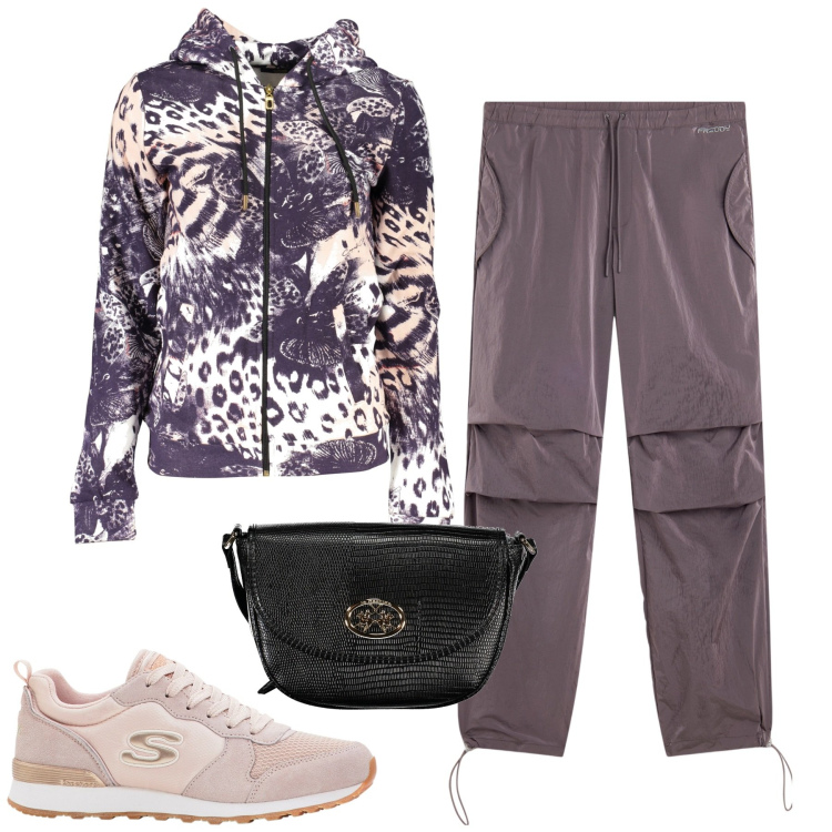 Outfit donna - Sporty. Stile Casual per Tutti i giorni. Abbinamento con sneakers, pantaloni, felpe con cappuccio, borse a tracolla.