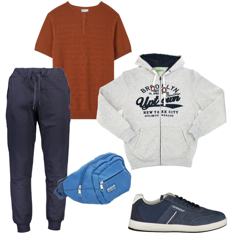 Outfit uomo - Con il marsupio. Stile Casual per Sport. Abbinamento con t-shirt, borse sportive, felpe con cappuccio, pantaloni, sneakers.
