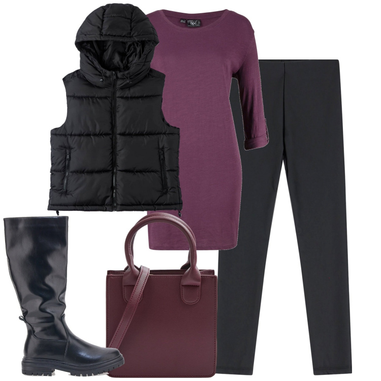 Outfit donna - Ottobre. Stile Basic per Tutti i giorni. Abbinamento con maglieria, piumini, shopping bag, pantaloni skinny, stivali.