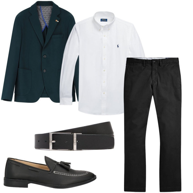 Outfit uomo - Il blazer verde petrolio. Stile Business/Elegante per Cerimonia. Abbinamento con scarpe stringate, giacche, camicie, pantaloni, cinture.