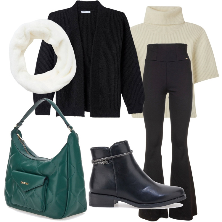 Outfit donna - Pantalone bootcut. Stile Casual per Tutti i giorni. Abbinamento con maglieria, cardigans, fasce per capelli, pantaloni, stivaletti, borse a spalla.