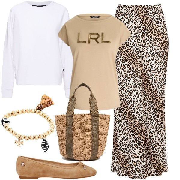 Outfit donna - La lunga gonna animalier. Stile Trendy per Tutti i giorni. Abbinamento con braccialetti, gonne lunghe, ballerine, t-shirt, shopping bag, felpe.