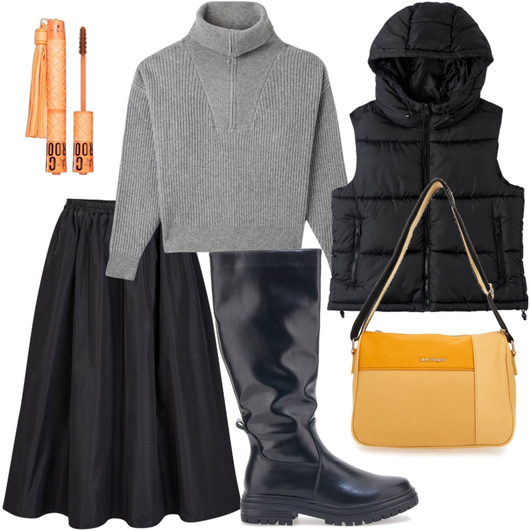 Outfit donna - La gonna lunga a palloncino. Stile Casual per Scuola/Università. Abbinamento con mascara, maglieria, piumini, stivali, gonne lunghe, borse a tracolla.