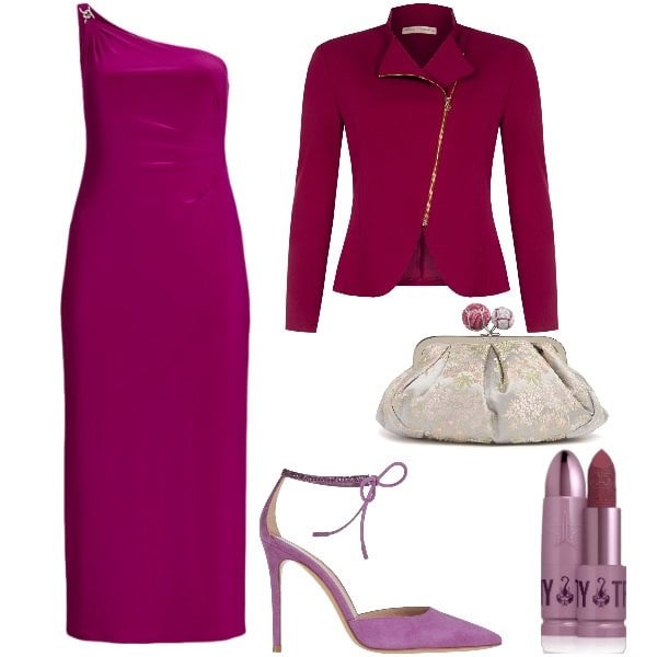 Outfit donna - Serata elegante. Stile Glamour per Cerimonia. Abbinamento con décolleté, rossetti, blazer, vestiti asimmetrici, pochette.