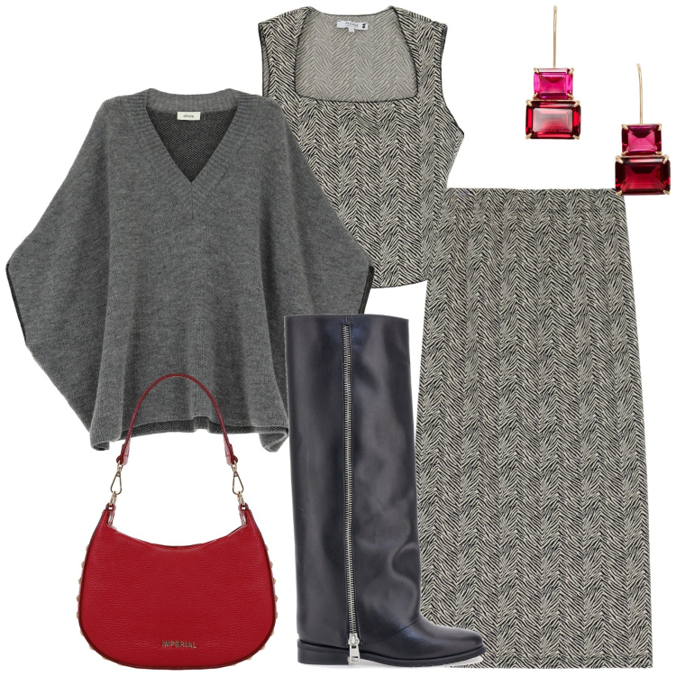 Outfit donna - Total look #1981004. Stile Trendy per Serata fuori. Abbinamento con gonne, top, borse a spalla, cappotti, orecchini, stivali.