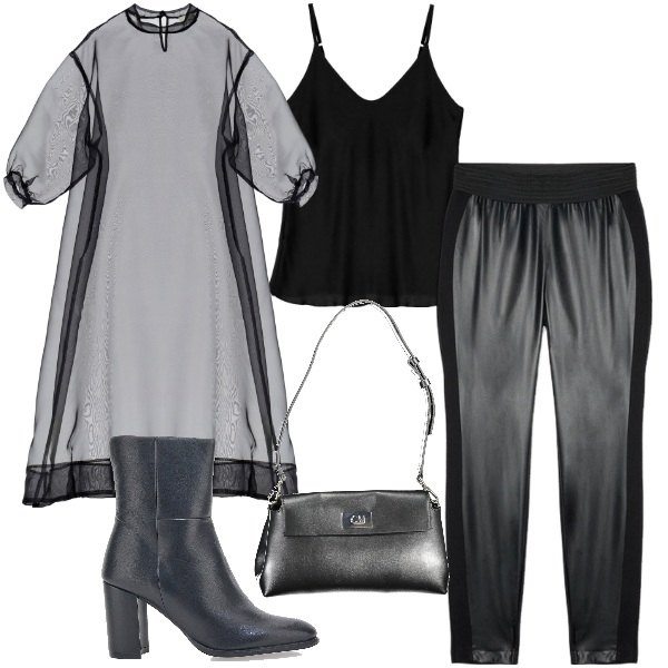Outfit donna - Sera curvy. Stile Glamour per Serata fuori. Abbinamento con vestiti midi/longuette, canottiere, stivaletti, pantaloni skinny, borse a tracolla.