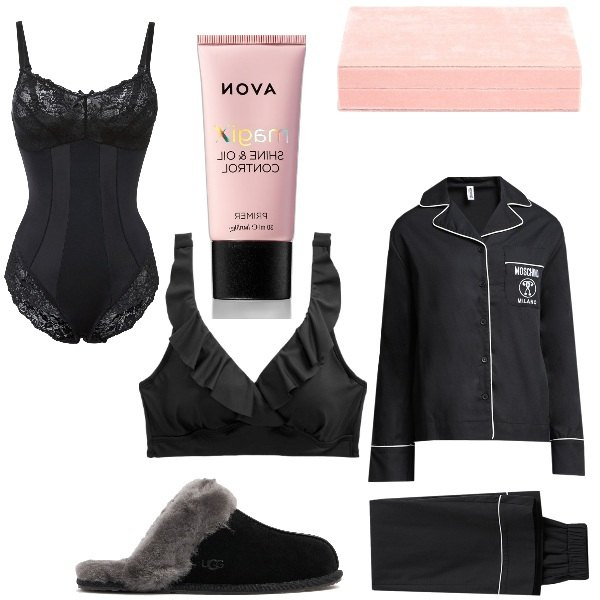 Outfit donna - Idee regalo. Stile Basic per Tutti i giorni. Abbinamento con body, pigiama, primer, top, pochette, pantofole.