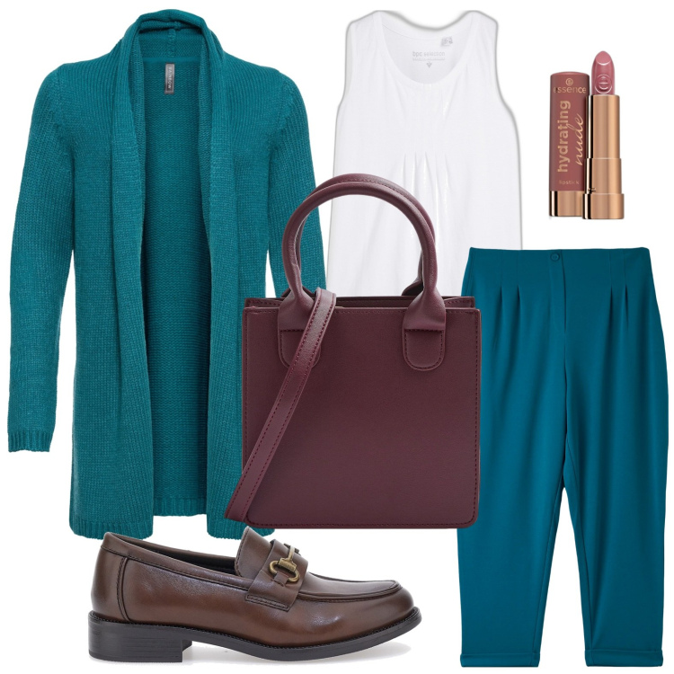 Outfit donna - Completo ottanio. Stile Glamour per Ufficio. Abbinamento con cardigans, top, rossetti, pantaloni chino, shopping bag, mocassini.