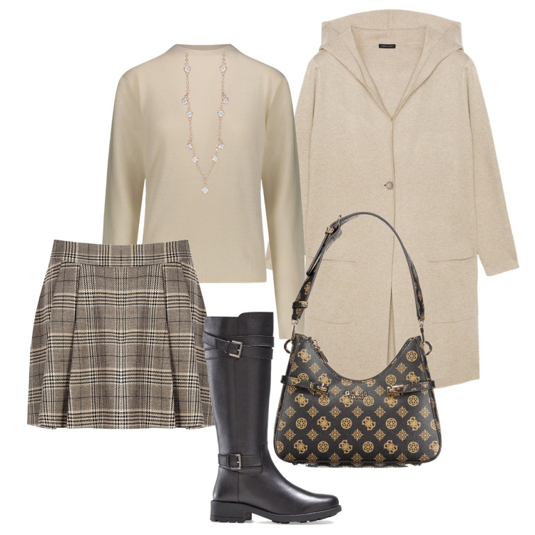 Outfit donna - Casual ma femminile. Stile Casual chic per Tutti i giorni. Abbinamento con stivali, collane, minigonne, pullovers, cardigans, borse a spalla.