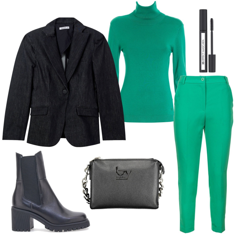 Outfit donna - Il verde colpisce. Stile Glamour per Ufficio. Abbinamento con mascara, blazer, pantaloni, maglieria, stivaletti, borse a spalla.