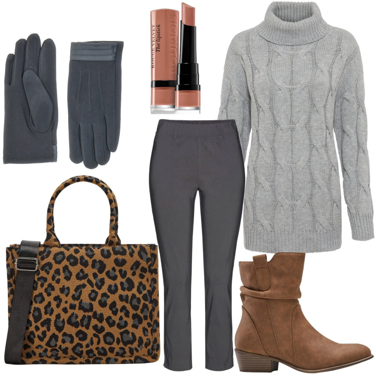 Outfit donna - La borsa must have. Stile Minimal per Ufficio. Abbinamento con maglieria, pantaloni, stivaletti texani, rossetti, shopping bag, guanti.