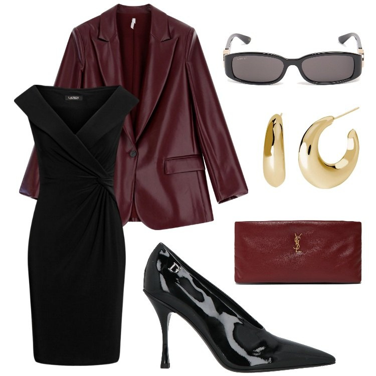 Outfit donna - dark red. Stile Glamour per Tutti i giorni. Abbinamento con décolleté, orecchini, blazer, vestiti, pochette, occhiali da sole.