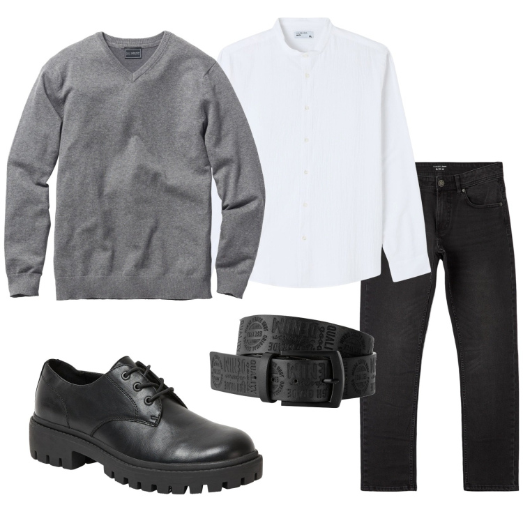 Outfit uomo - Total look #1981031. Stile Casual per Tutti i giorni. Abbinamento con cinture, maglieria, camicie, jeans dritti, scarpe stringate.