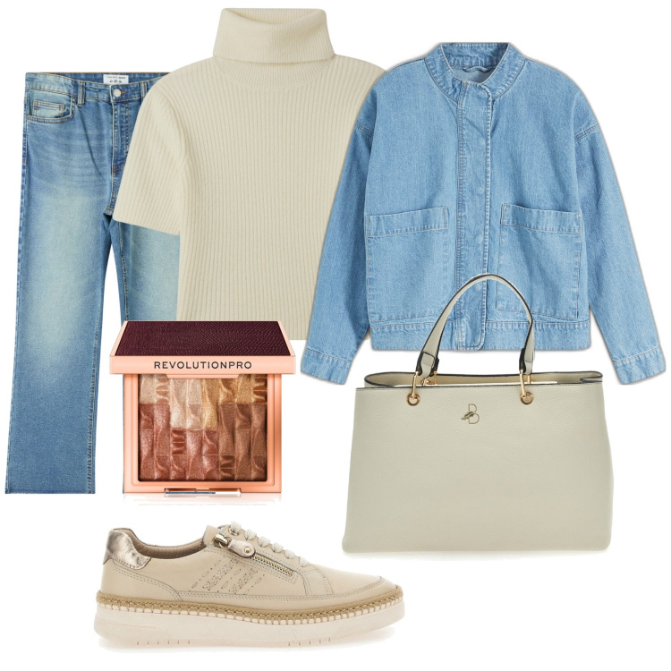 Outfit donna - Total look #1981038. Stile Trendy per Tutti i giorni. Abbinamento con blazer, blush, jeans, maglieria, scarpe stringate, borse a mano.