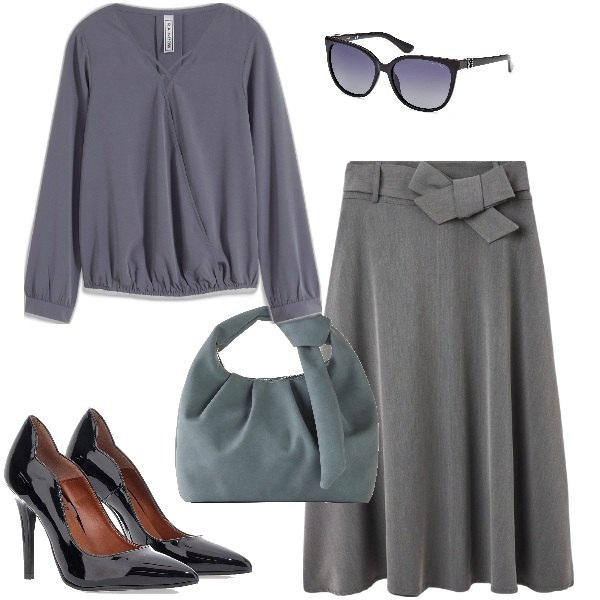 Outfit donna - Grigio curvy. Stile Bon Ton per Ufficio. Abbinamento con bluse, borse a mano, gonne lunghe, décolleté, occhiali da sole.