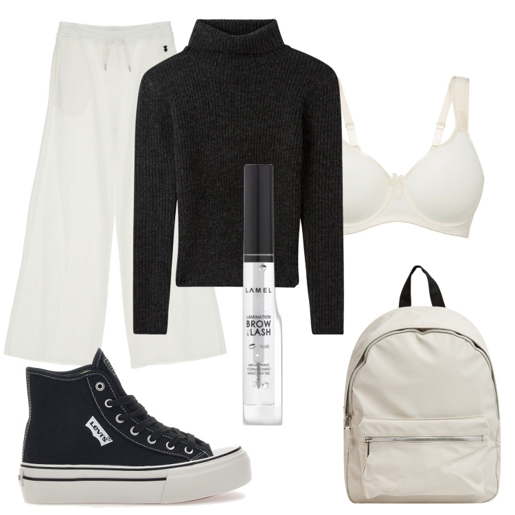 Outfit donna - Basic. Stile Basic per Tutti i giorni. Abbinamento con reggiseni, mascara, maglieria, zaini, pantaloni a palazzo, sneakers.