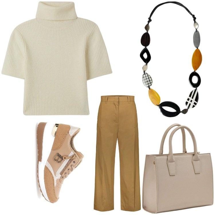 Outfit donna - Il mio stile. Stile Casual chic per Ufficio. Abbinamento con maglieria, shopping bag, pantaloni, scarpe stringate, collane.
