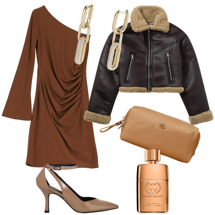Outfit donna - Eleganza nei toni del marrone. Stile Glamour per Serata fuori. Abbinamento con profumi, blazer, orecchini, pochette, vestiti asimmetrici, décolleté.