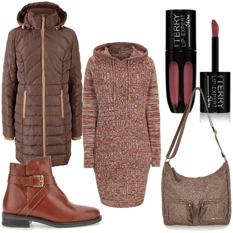 Outfit donna - Il vestito con cappuccio. Stile Basic per Tutti i giorni. Abbinamento con blazer, vestiti, rossetti, stivaletti, borse a tracolla.